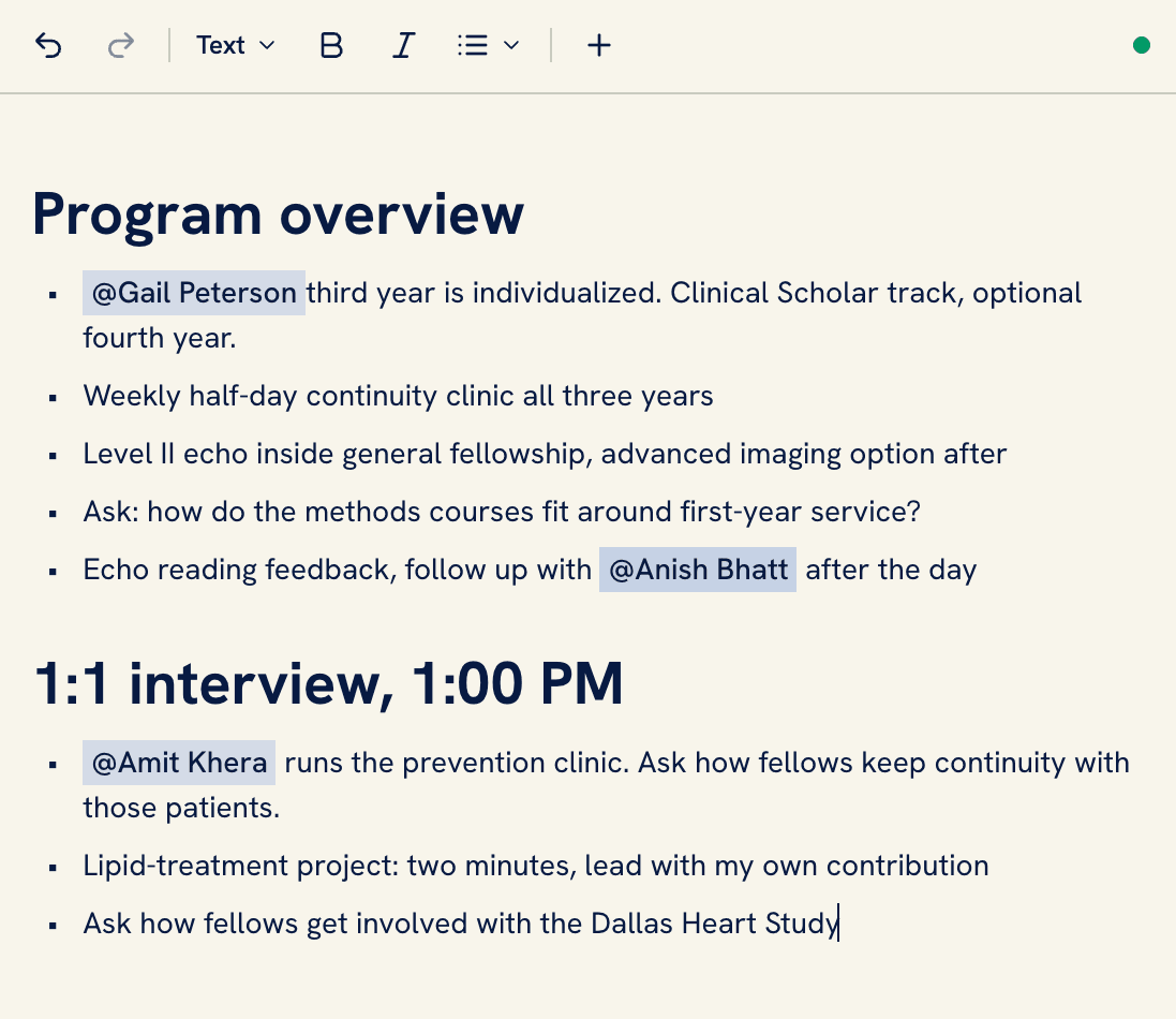 Interview day notes with people tagged in the program overview and a one-to-one interview