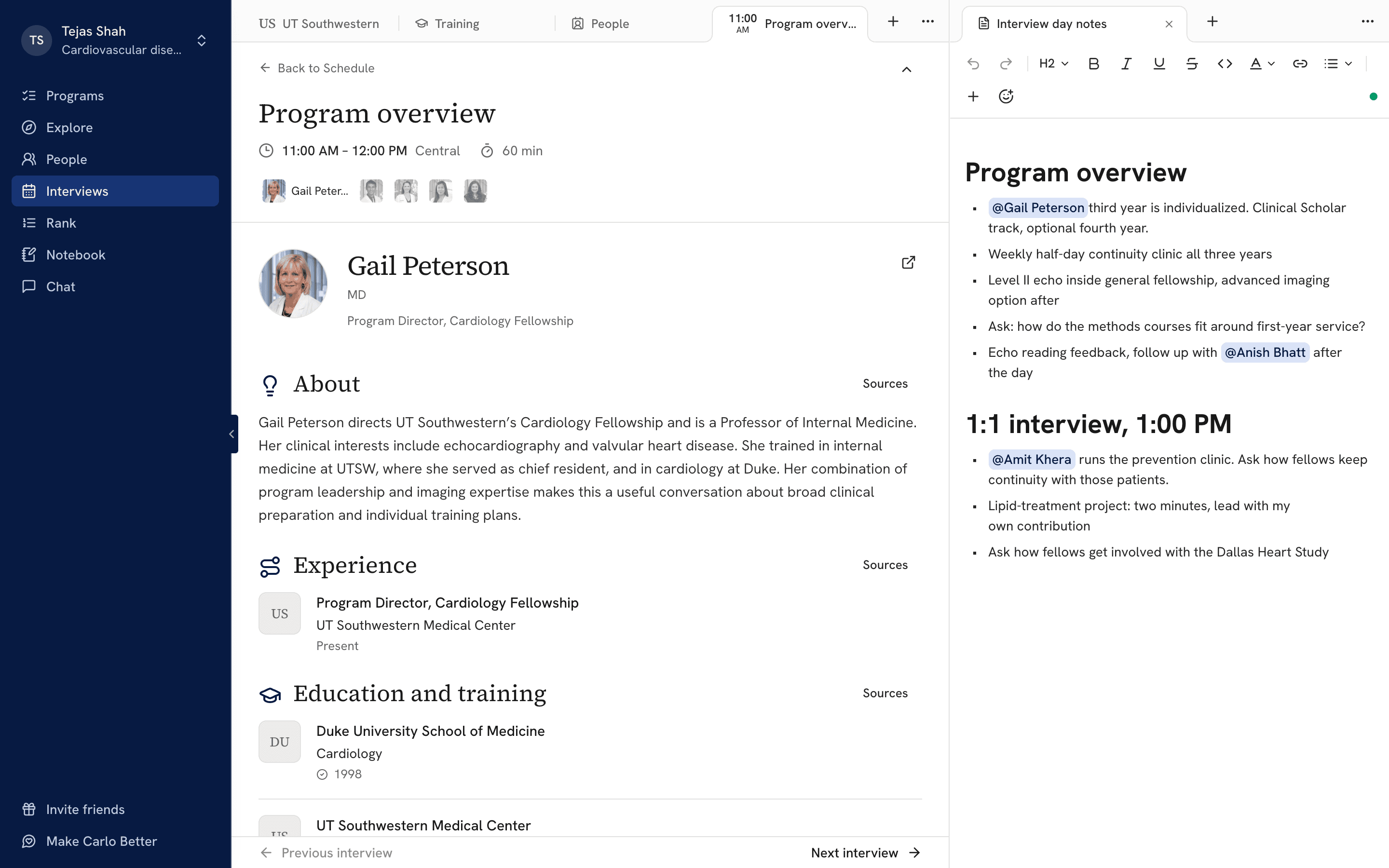 A UT Southwestern program overview open to the program director's profile, beside interview day notes