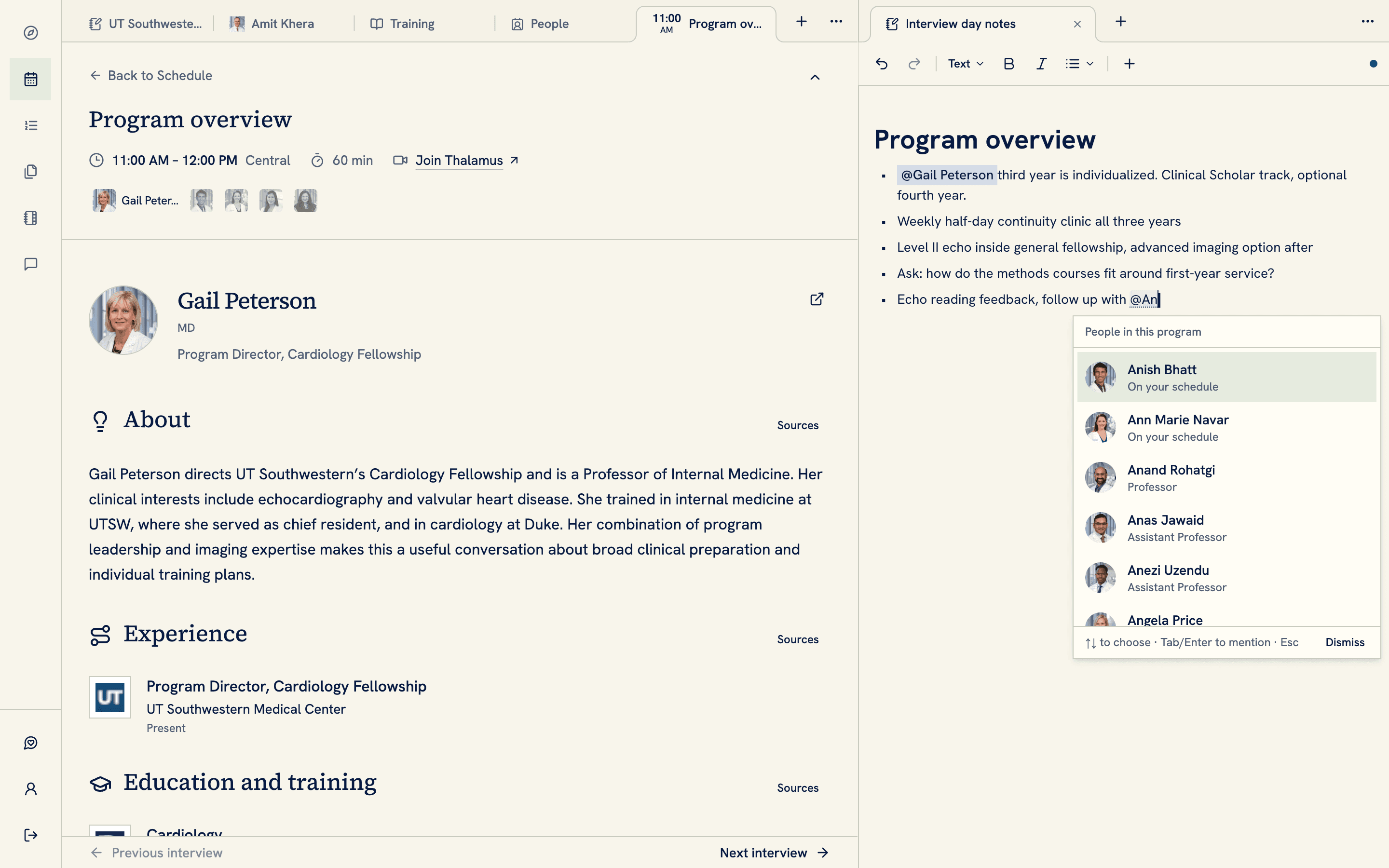 A UT Southwestern interview session with five people open beside interview day notes, with a person mention being typed